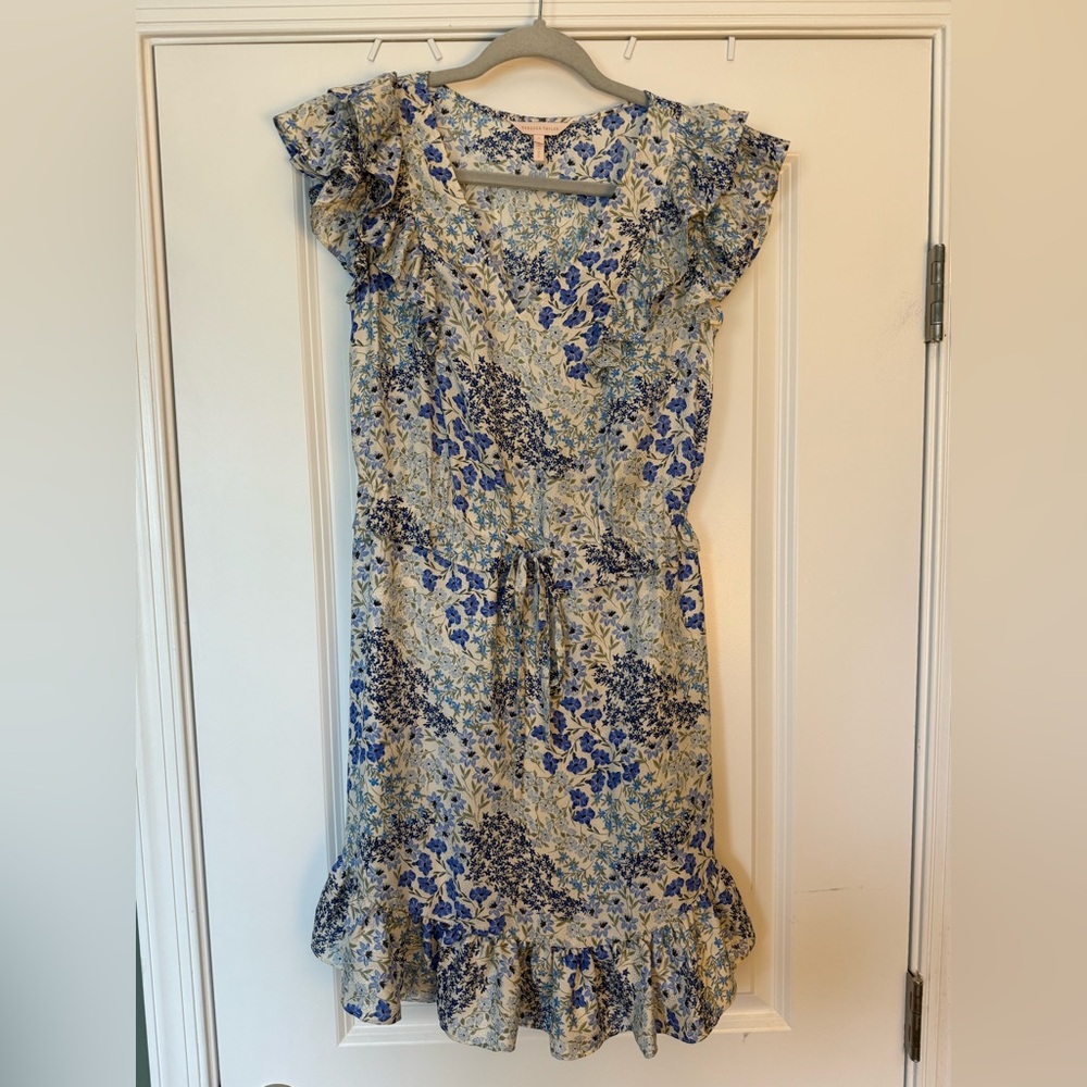 Rebecca Taylor Blue and Cream Floral Mini Dress with Ruffle Detail